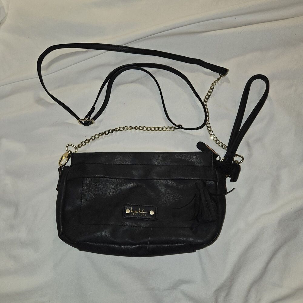 Nicole Miller NY Black Faux Leather Crossbody Bag Gold Chain Tassel
